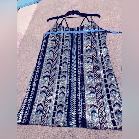 Glamorous Sequined Mini Dress Forever 21 Aqua Black Gold size L - Picture 2 of 6
